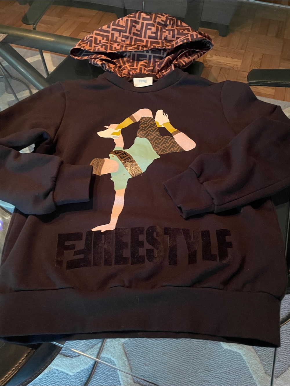 Fendi Kids Black Crewneck Hoodie with Multicolor Graphic & FF Detachable Hoodie